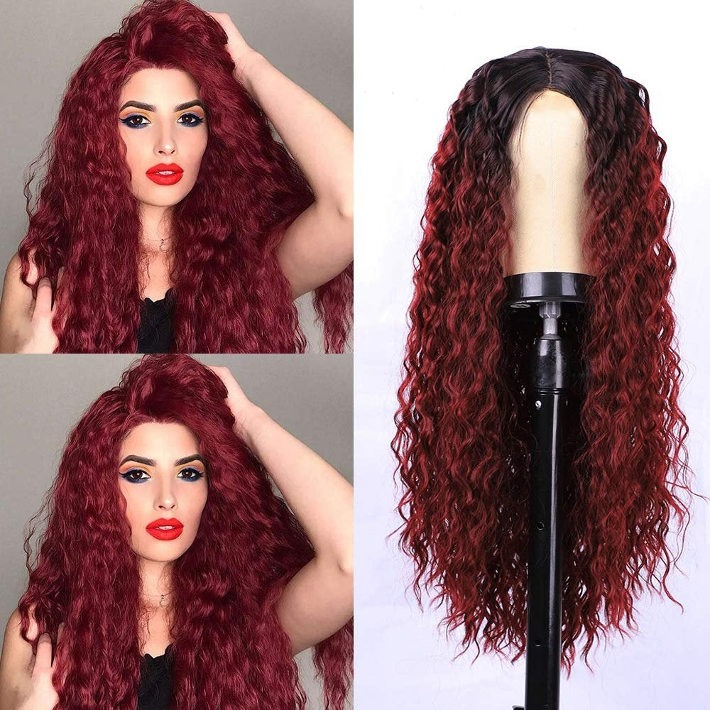 Ombre Burgundy Color with Black Roots No Lace Full Machine Made Wine Red Wig 24 Inch