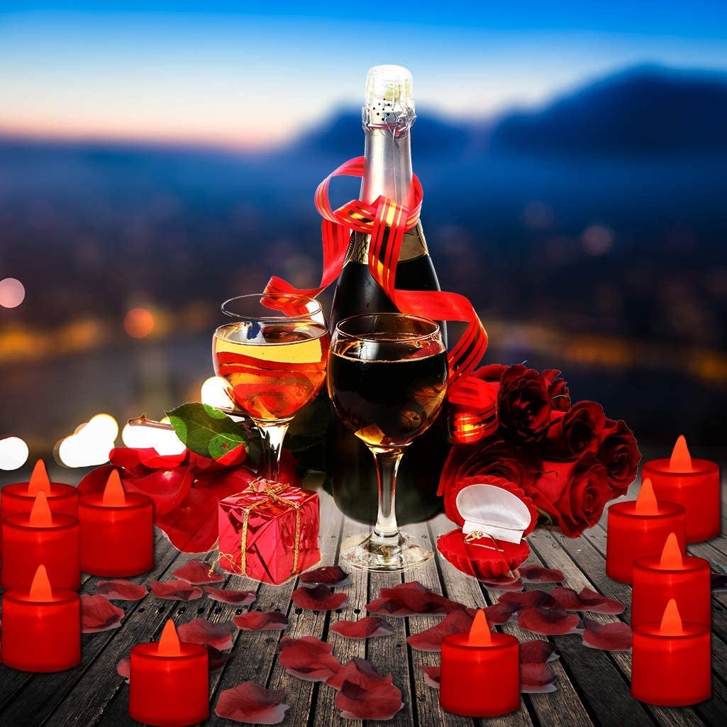 24 LED Tea Light Candles Realistic Flameless Tealight Candle and 1000 Pcs Artificial Dark Red Silk Rose Petals, Ideal for Valentine's Day