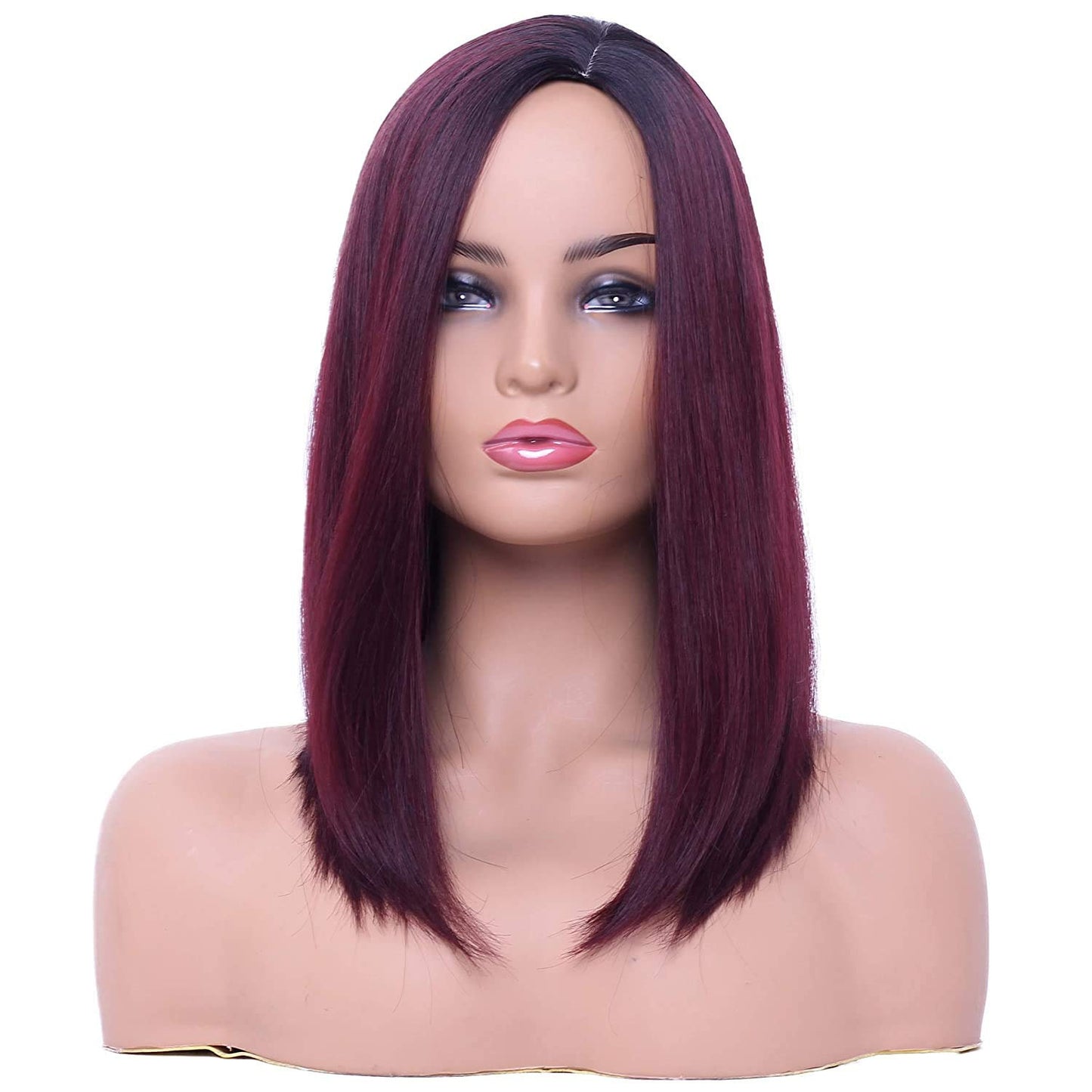 Wine Red Shoulder Length Bob Full Wig | Synthetic Top Quality Heat Resistant Fiber | Human Hair Feel | Side Parting 14"