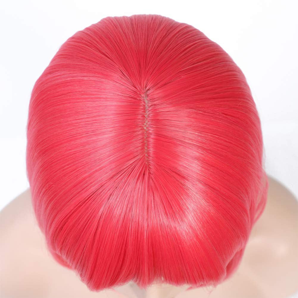 Bright Salmon Pink Straight Bob with Straight Bangs Hand Dyed Synthetic 12" Wig