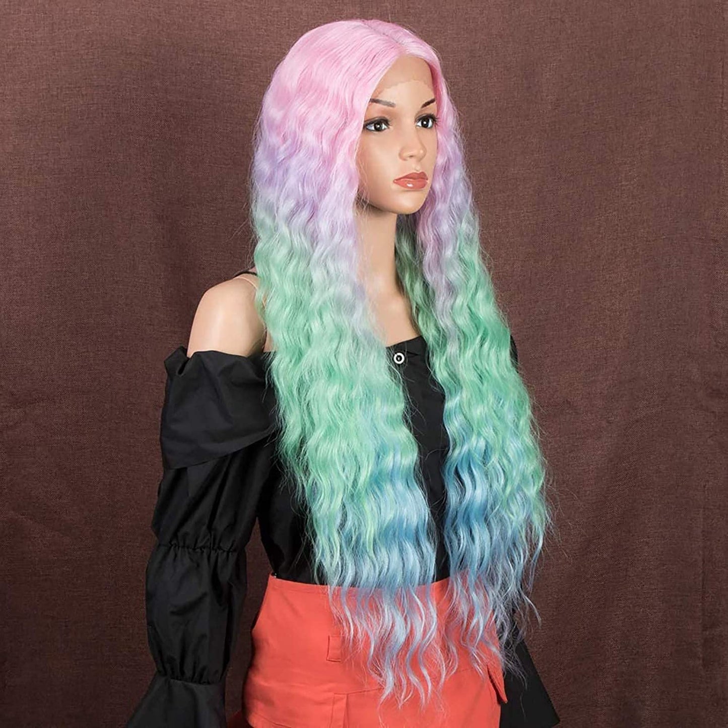 Pastel Rainbow Unicorn Princess Mermaid Waves | 30" Lace Front Synthetic | Human Hair Feel | Drag Queen | Custom Color | Stage Performer