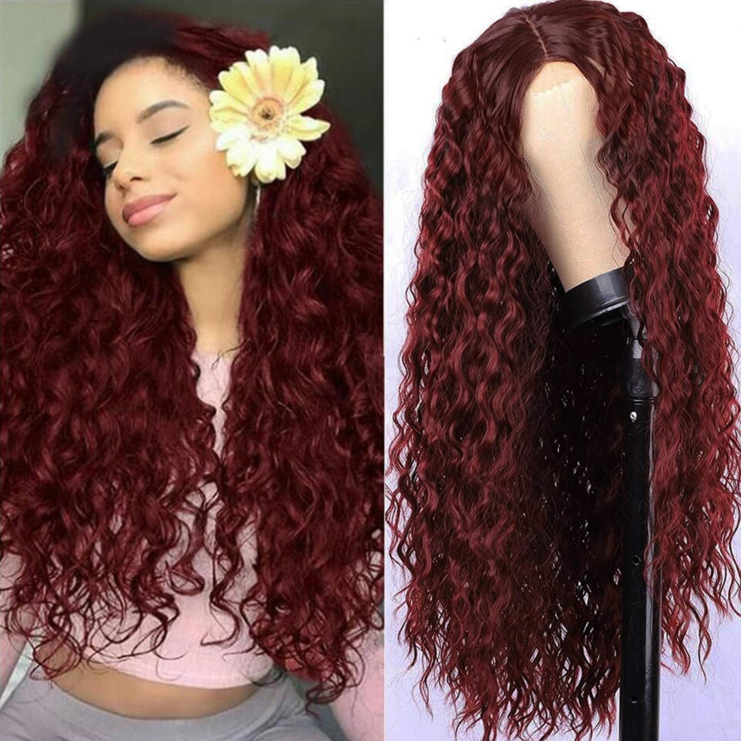 Wine Red Wavy Color # 99j 30"+/- | Lace Front Wig with Baby Hair | Trendy Wig | Synthetic Top Quality Heat Resistant Fiber | Human Hair Feel