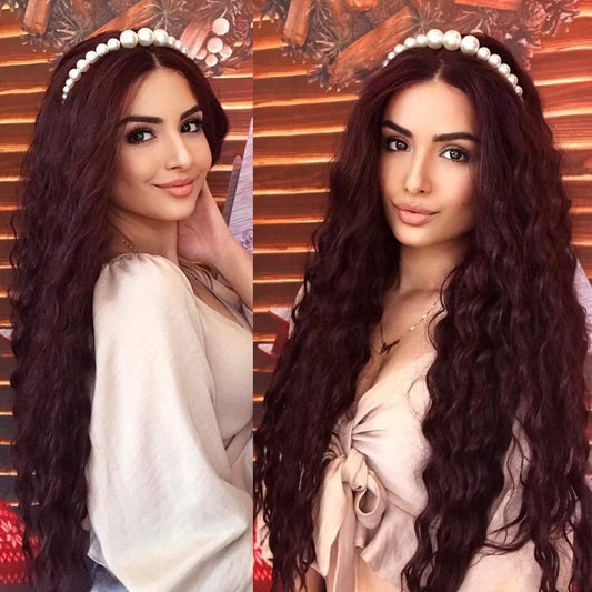 Wine Red Wavy Color # 99j 30"+/- | Lace Front Wig with Baby Hair | Trendy Wig | Synthetic Top Quality Heat Resistant Fiber | Human Hair Feel