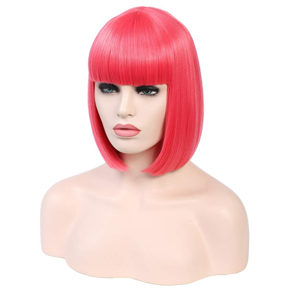 Bright Salmon Pink Straight Bob with Straight Bangs Hand Dyed Synthetic 12" Wig