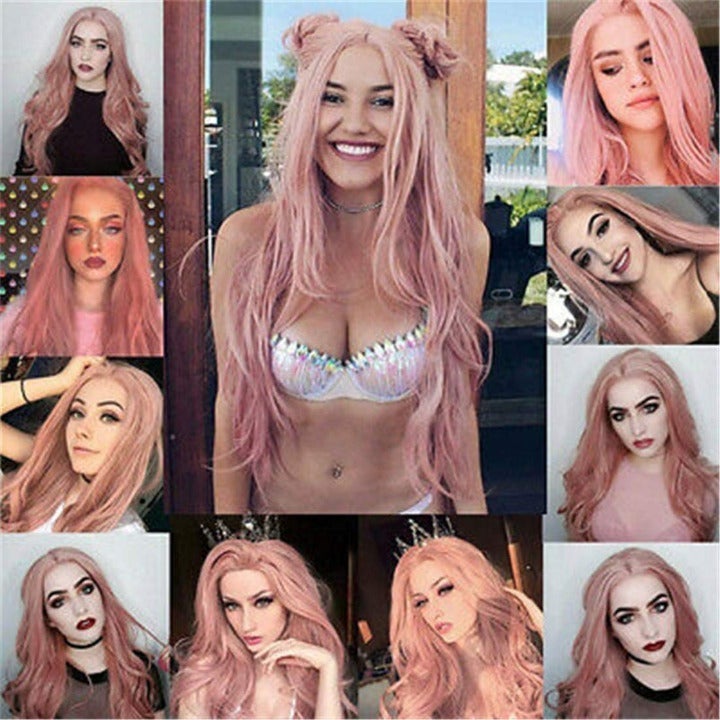 Rose Gold Pink, Graceful Natural Straight, Mermaid Replacement, 24" Soft Rose Pink Luxury Women Wig, Synthetic Heat Safe Fiber Wig for Women