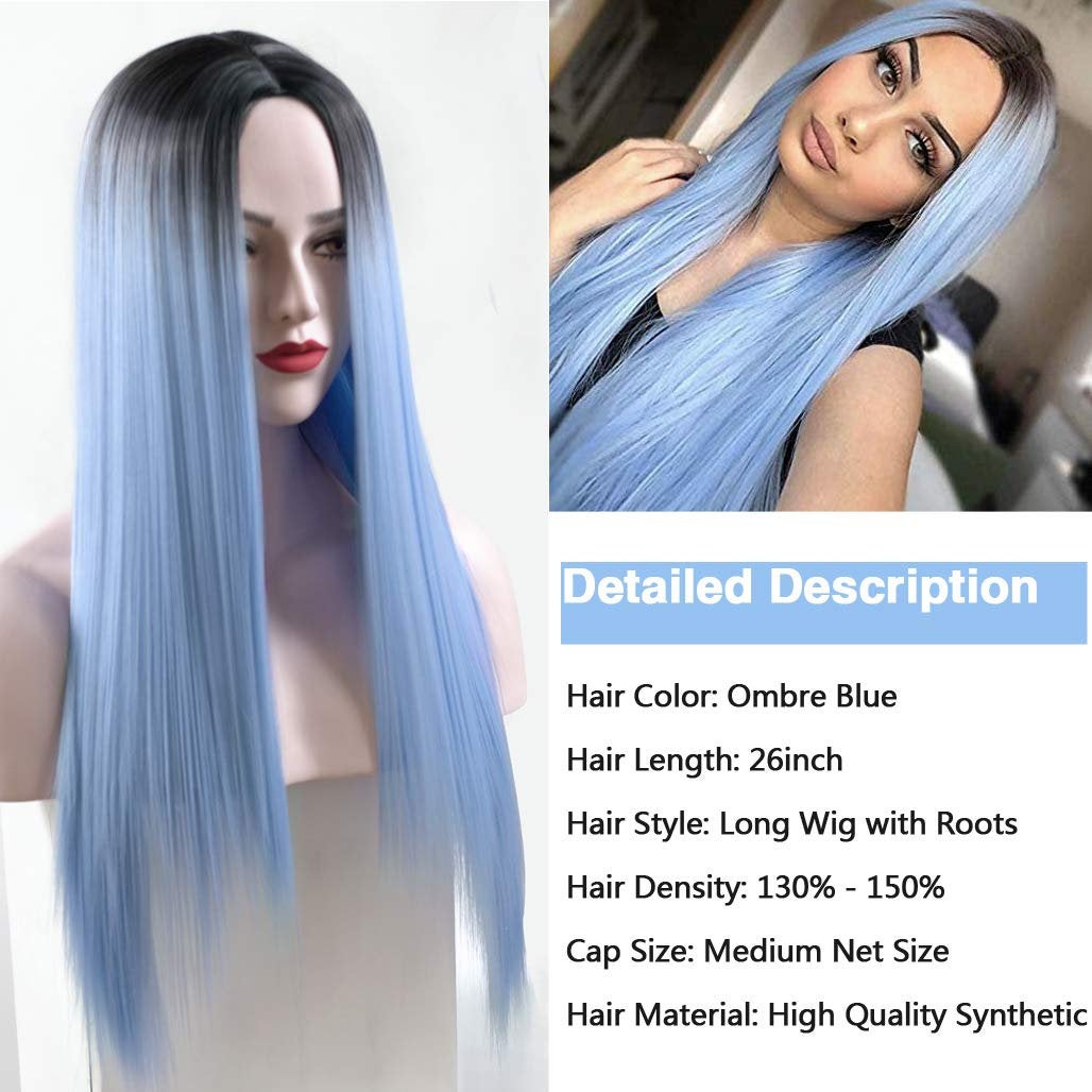 Ice Blue Queen Black Ombre | Hand Dyed | Top Quality Heat Resistant Synthetic Fiber 26"| Trendy Wig | Beautiful Daily Wear | Human Hair Feel