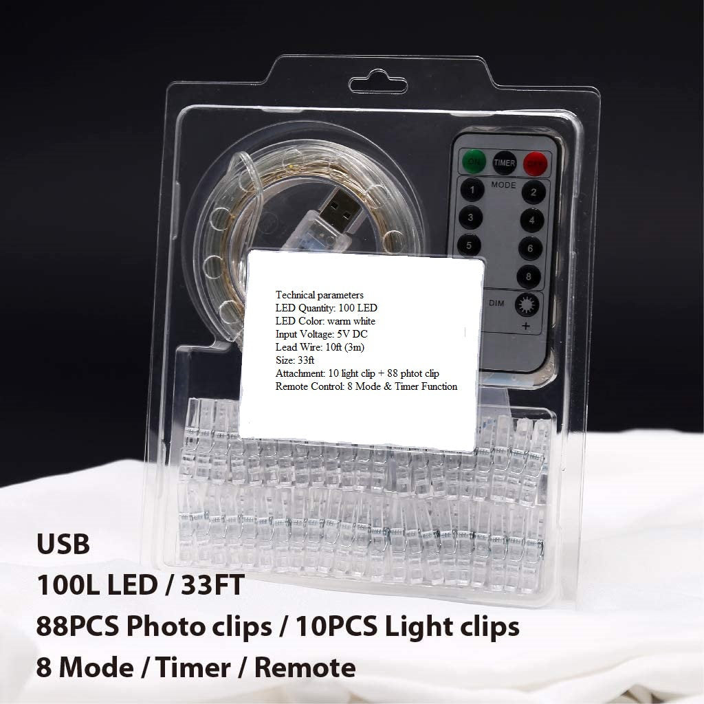 LED Fairy String Lights 33 Ft with 100 Lights & 88 Photo Clips Remote 8 Mode Hang Photos Pictures Bedroom Decoration USB Operated Warm White