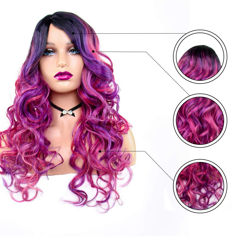Beautiful Unique Natural Looking | Magenta Purple Pink Mixed Ombre | Hand Dyed 26" | Human Hair Look and Feel Trendy Wig | Non  Lace Wig