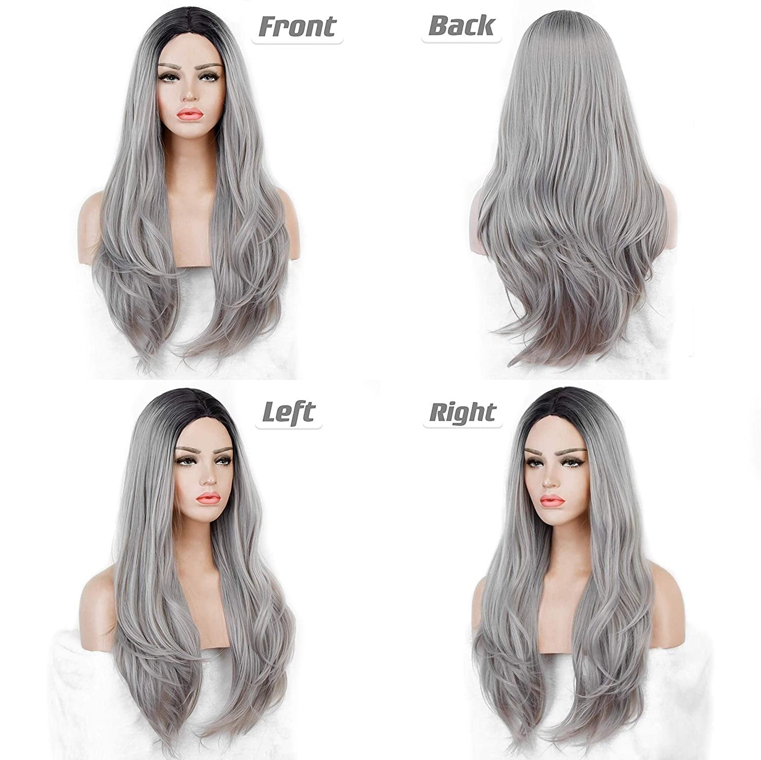 Black Rooted Ombre Gray 25" Long Wavy Wig | High Density Synthetic Heat Resistant Fiber | Daily Wear Wig | Wig Cap Included | Free Shipping