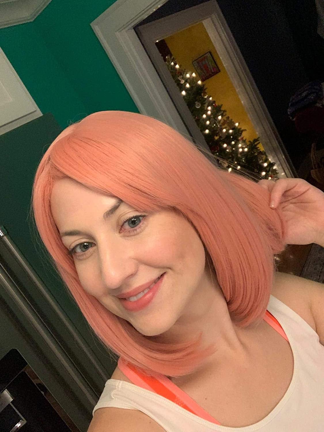SALE ITEM - On Clearance FINAL Sale | Rose Petal Pink Straight Bob 12" Wig with Air Bang | Heat Friendly Synthetic Fiber | Ships in 24 Hours