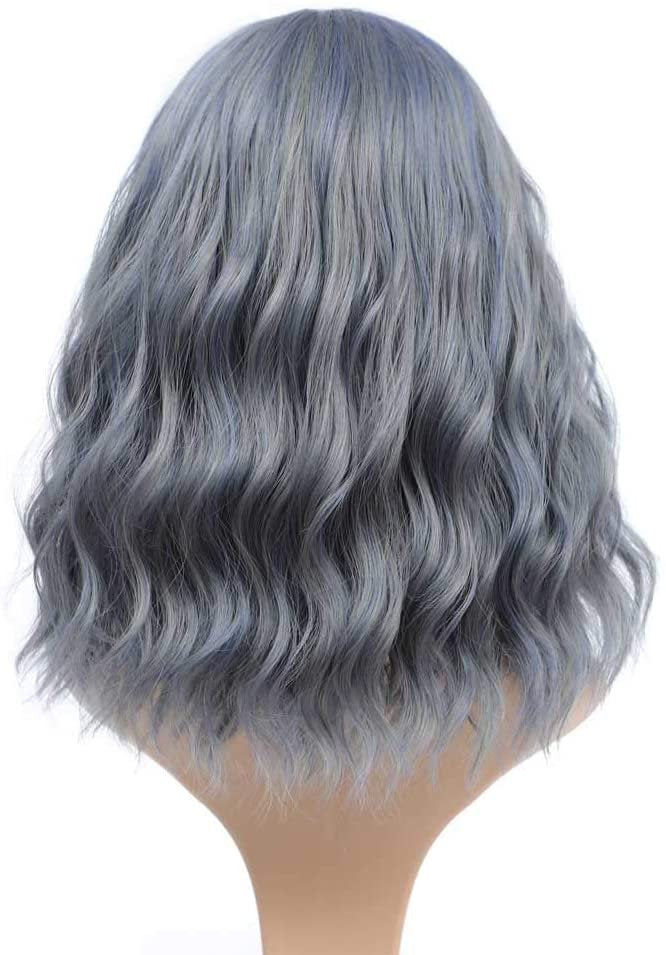 Gray Blue 14” Long Wavy Wig with Bangs | Natural Looking | Premium Heat Resistant Synthetic Fiber | Perfect for Cosplay, Party or Daily Wear