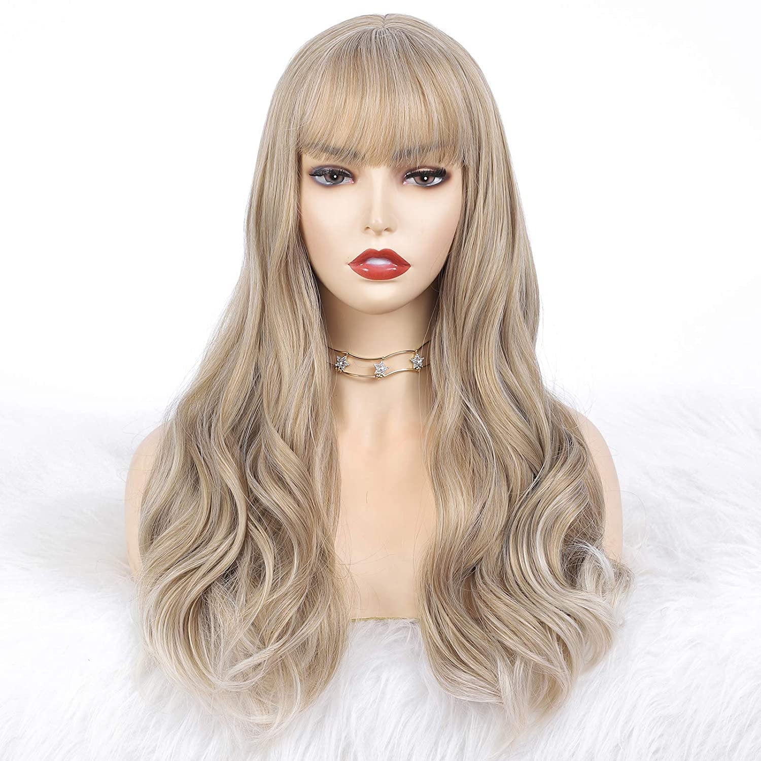 Glamorous Ash Blonde Wig Air Bangs 24” Mixed Color Long Wavy Synthetic Hair Unit Natural Wave Ombre Blonde with Full Bangs Human Hair Feel