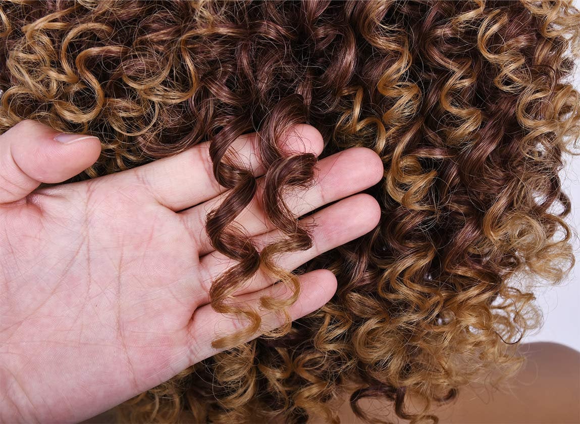 Ombre Brown Short Kinky Synthetic Afro Heat Resistant Full Curly Wig with Bangs | Wig Cap Included | Free Shipping Today