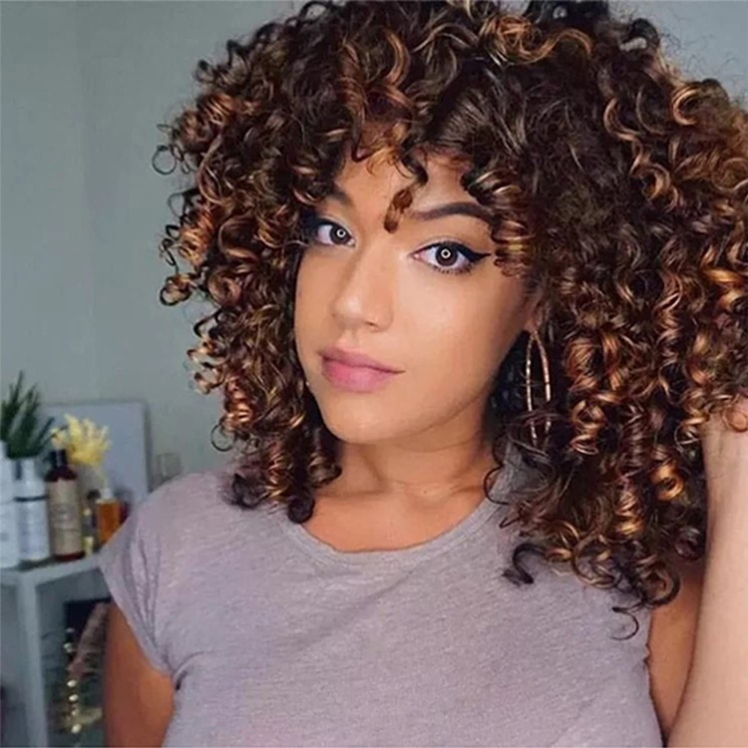 Ombre Brown Short Kinky Synthetic Afro Heat Resistant Full Curly Wig with Bangs | Wig Cap Included | Free Shipping Today