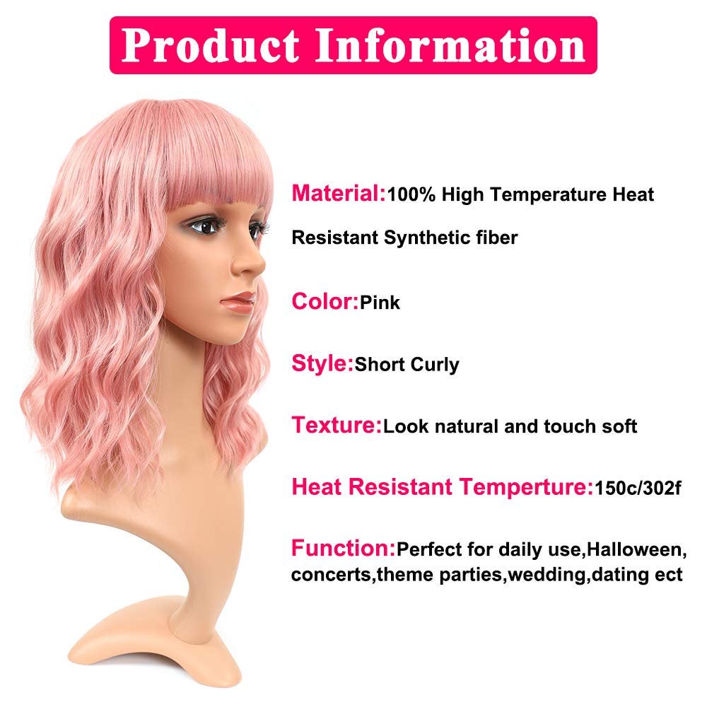 Realistic Rooted Pink Natural Waves 12" Wig with Frings / Bangs Heat Safe  | Trendy Wigs | Synthetic Top Quality | Human Hair Look / Feel