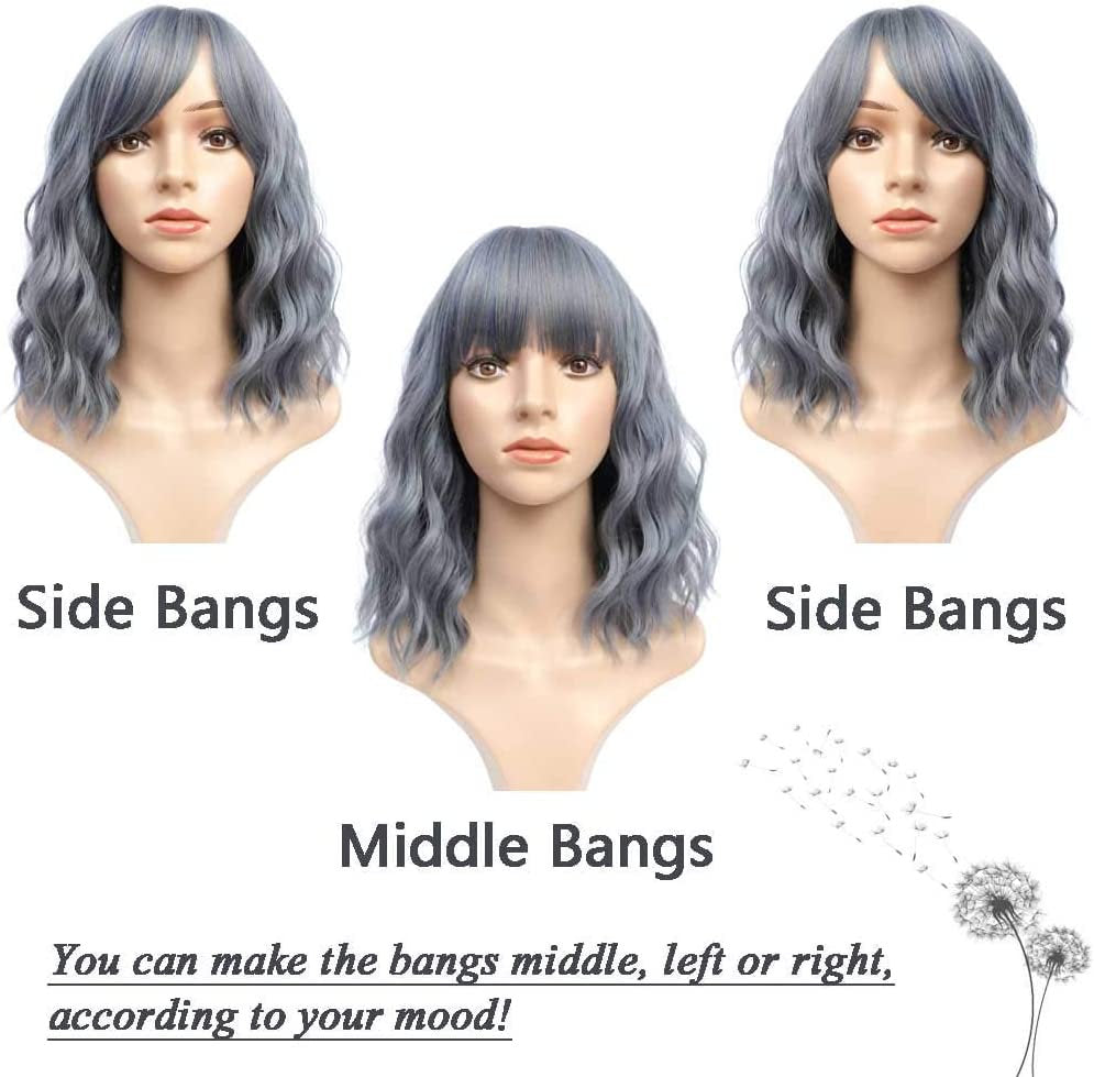 Gray Blue 14” Long Wavy Wig with Bangs | Natural Looking | Premium Heat Resistant Synthetic Fiber | Perfect for Cosplay, Party or Daily Wear
