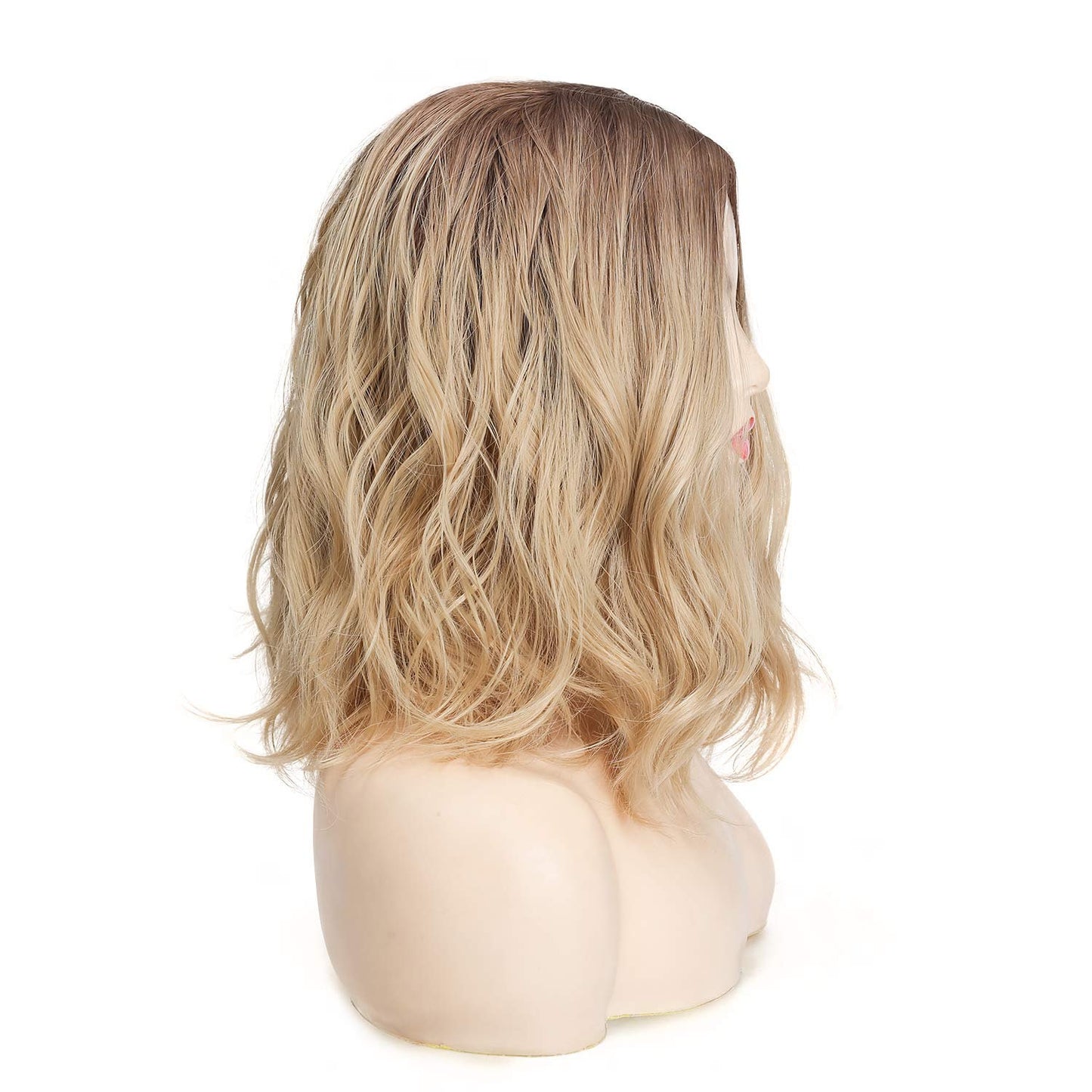 Ombre Light Brown to Golden Blonde 14" Natural Wavy Flowing Synthetic Heat Resistant Full Wig with Curtain Bangs Effect Free Shipping