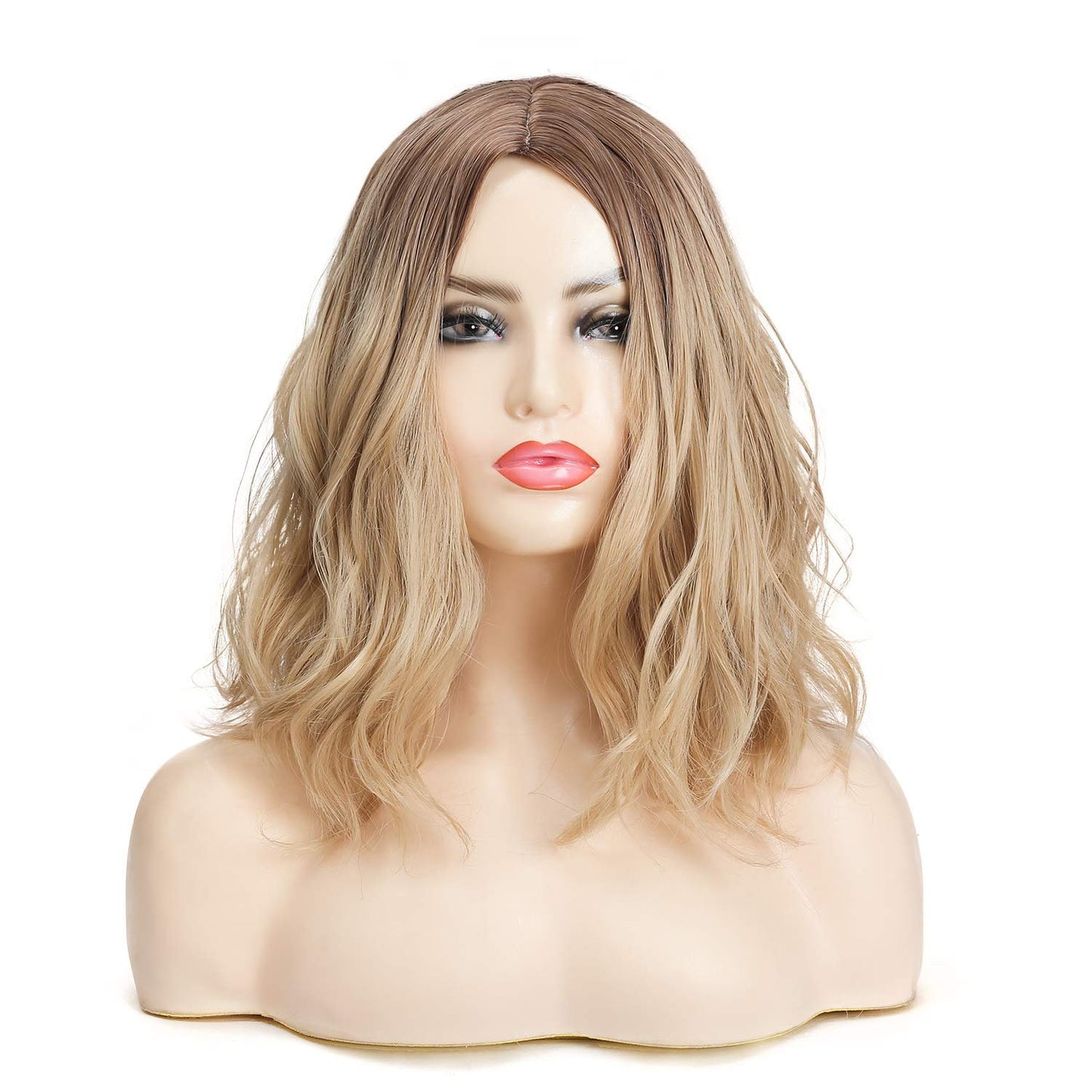 Ombre Light Brown to Golden Blonde 14" Natural Wavy Flowing Synthetic Heat Resistant Full Wig with Curtain Bangs Effect Free Shipping