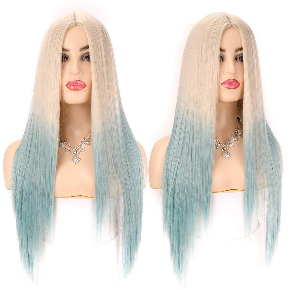 Ice Blue Ombre Linen to Light Pastel Blue Straight Middle Parting Synthetic Wig Perfect Compliment to Any Mermaid Princes Role Play Costume