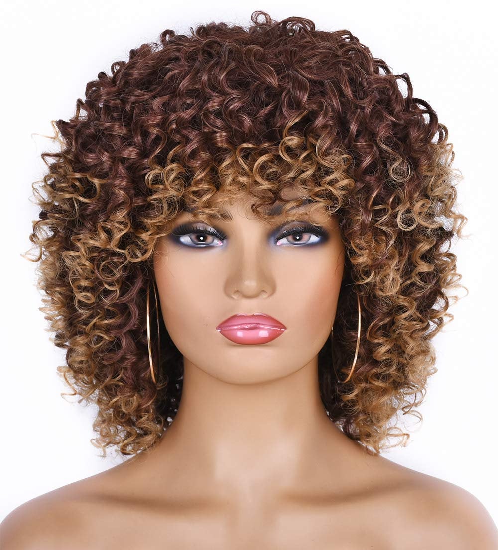 Ombre Brown Short Kinky Synthetic Afro Heat Resistant Full Curly Wig with Bangs | Wig Cap Included | Free Shipping Today