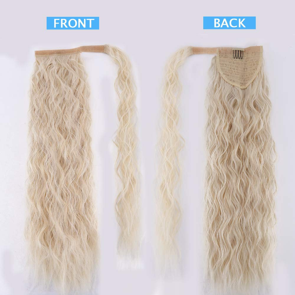 Bleach Blonde 22" Long Water Wave Ponytail Wrap Around Extension Heat Resistant Synthetic Fiber #613 Blonde Soft & Natural Easy to Wear