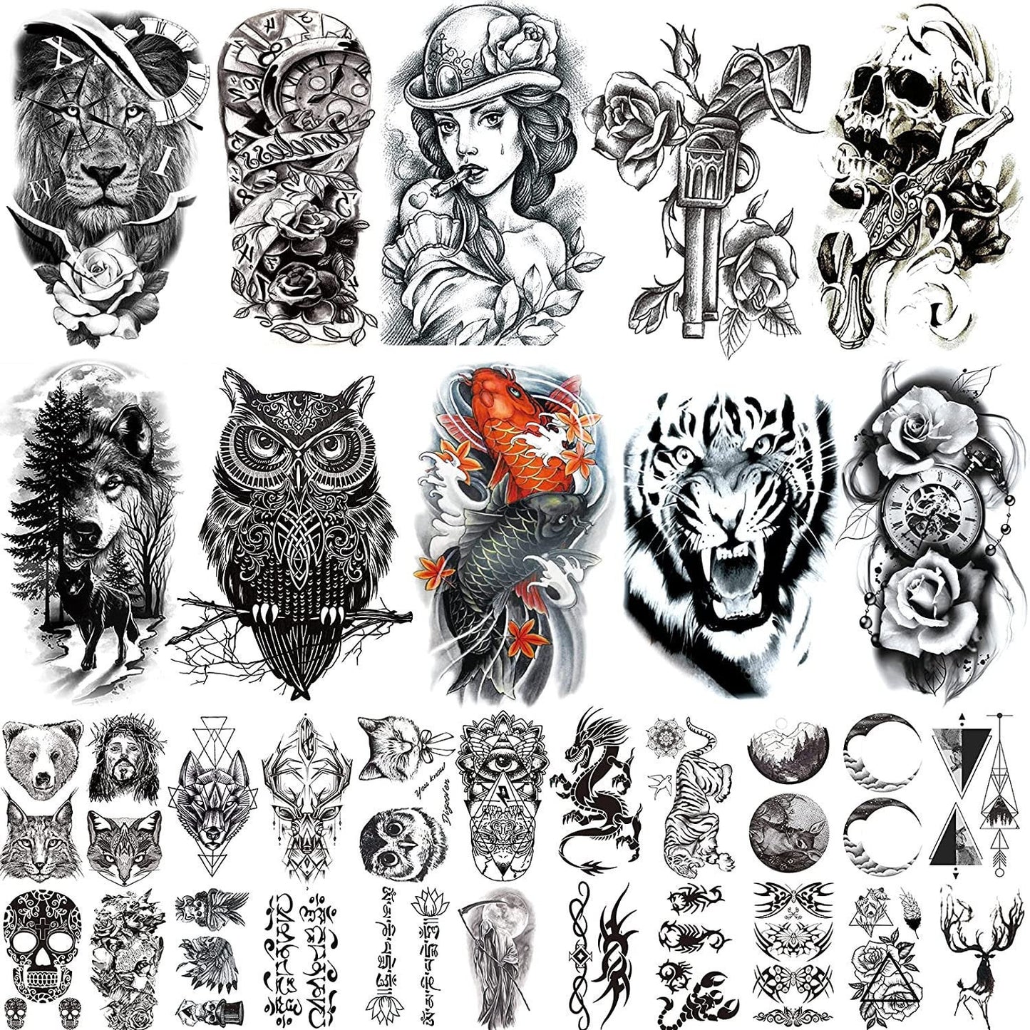 62 Sheets PREMIUM QUALITY Black Temporary Tattoos 10 Sheets Large Fake Body Arm Chest Shoulder Tattoos with 52 Sheets of Smaller Tattoo