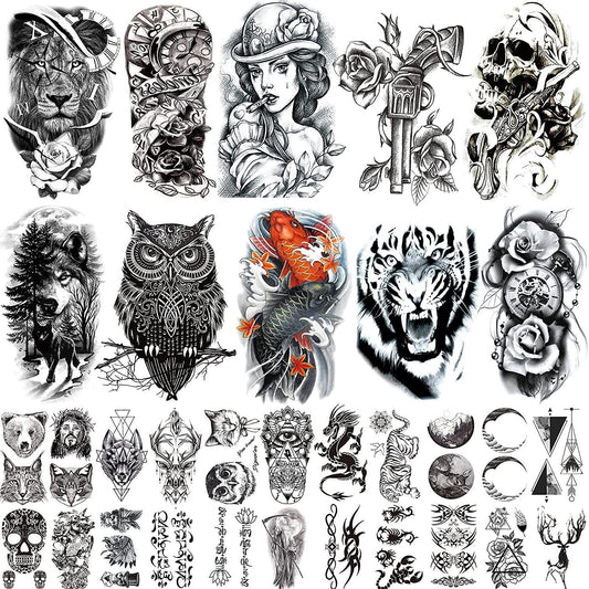 62 Sheets PREMIUM QUALITY Black Temporary Tattoos 10 Sheets Large Fake Body Arm Chest Shoulder Tattoos with 52 Sheets of Smaller Tattoo