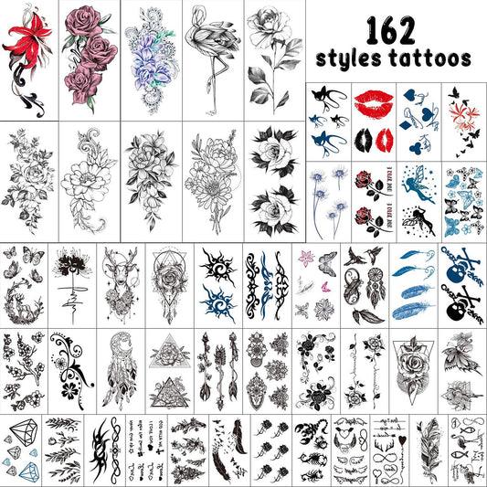 162 Styles Temporary Tattoos Fake Sleeve Henna Tattoo Stickers Leg Makeup Waterproof Realistic Long Lasting Semi Permanent Tattoos 50 sheets
