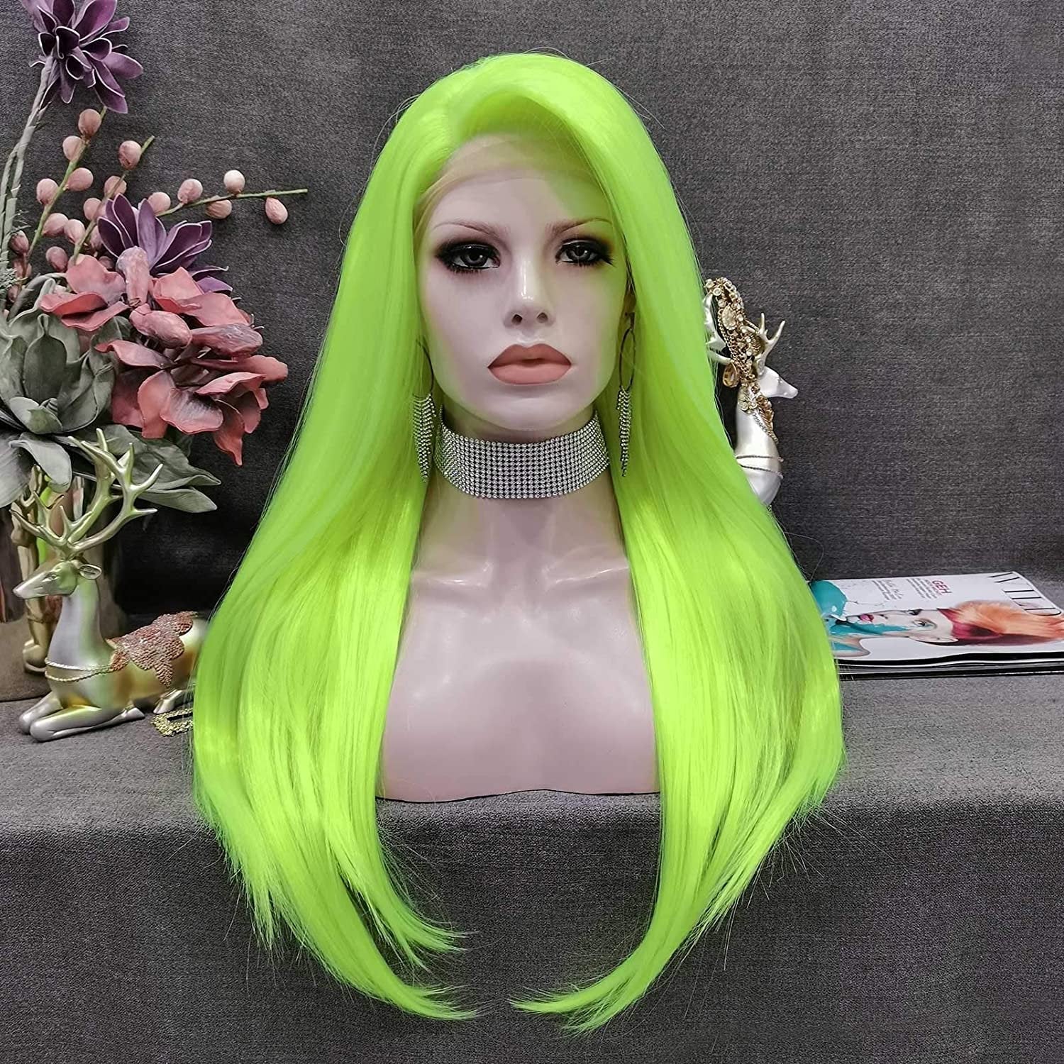 Fluorescent Green | Synthetic Neon Lime | Glow in the Dark Cosplay Wavy  | Free Parting | Drag Stage Performer Neon | Fluorescent Wig