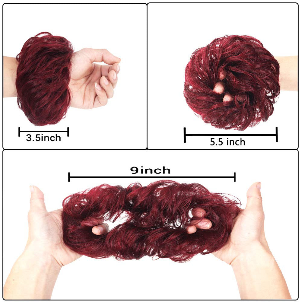 Messy Bun Thick 100% Human Hair Scrunchie | Messy Updo Bun | Wine Red 99j Burgundy | super fluffy Natural Texture | cat ear buns need 2
