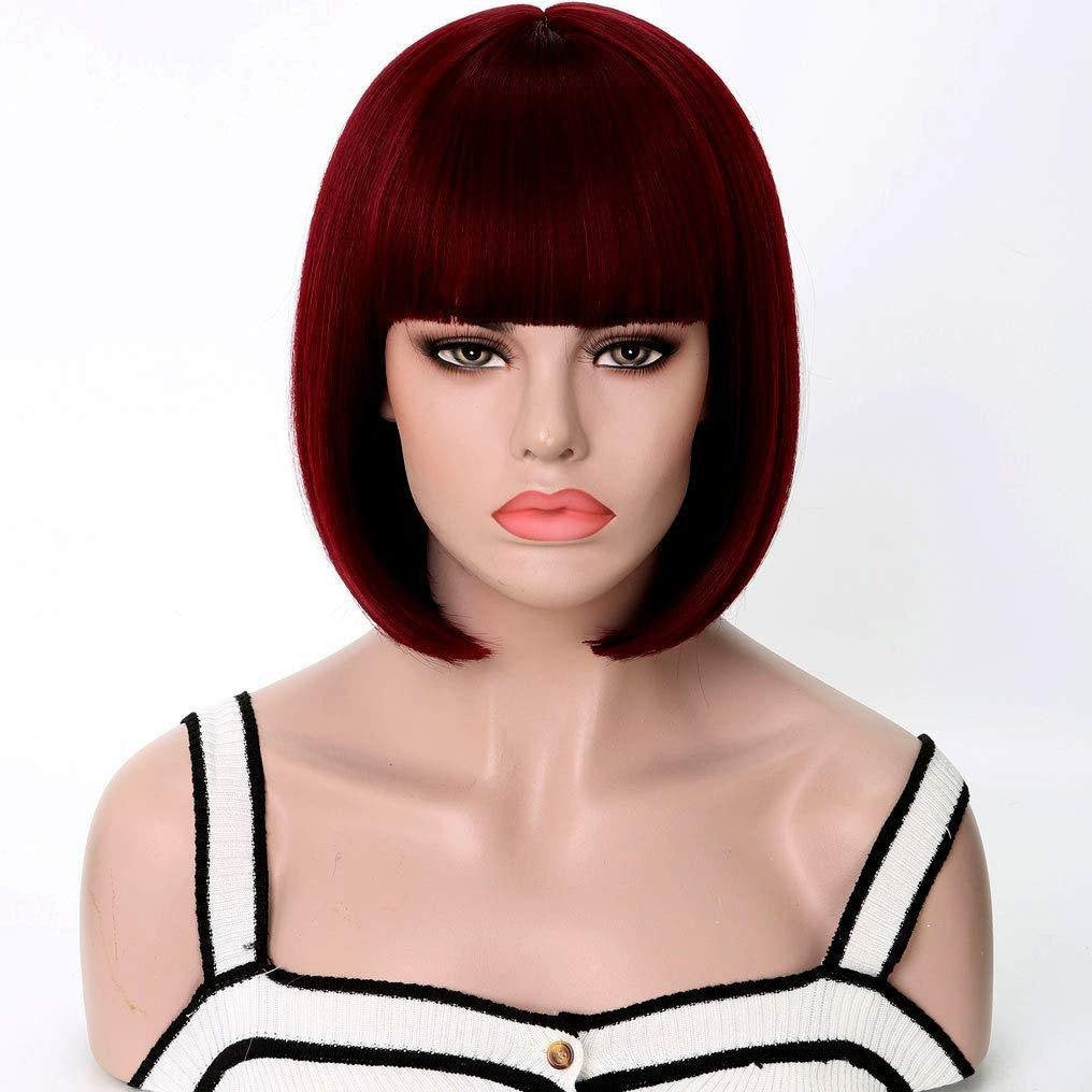 Dark red red wine | straight bob with straight bangs | hand dyed synthetic 12" wig | easy to wear | quick wig | great daily wear or cosplay