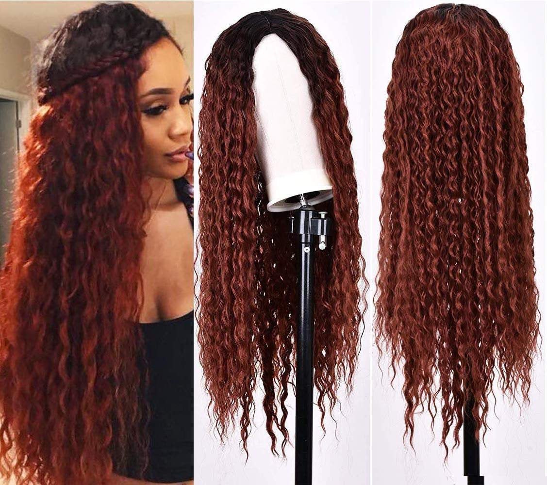 Trendy wig wet and wavy kinky copper red water wave ombre synthetic heat resistant natural human hair feel wig 26 inches +/-
