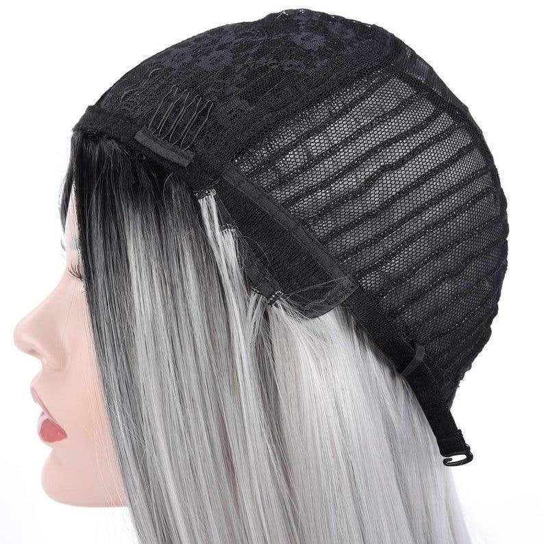 Gray synthetic middle part natural straight heat resistant cosplay wig 26 inch for daily wear, cosplay, costume, drag and stage wear