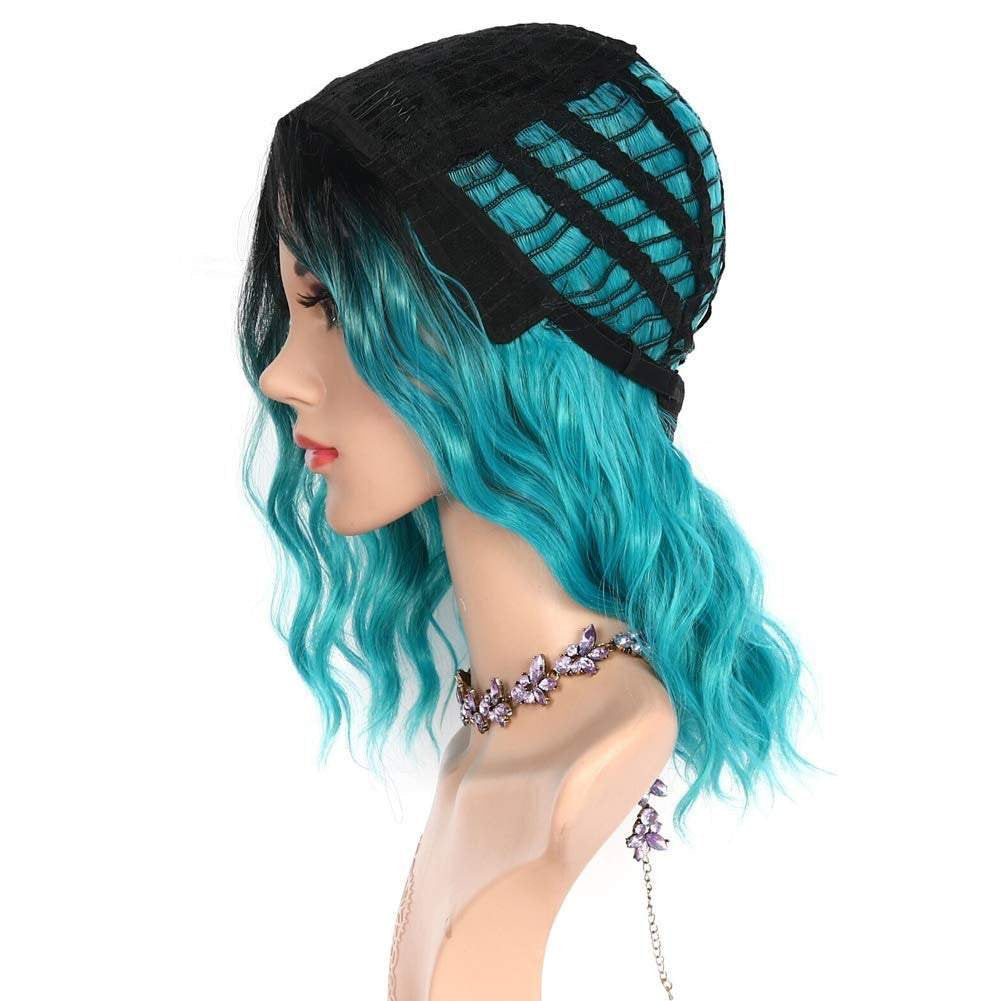 Aqua blue on black wavy ombre 14" | trendy wigs | synthetic top quality heat resistant fiber | human hair look and feel | best seller