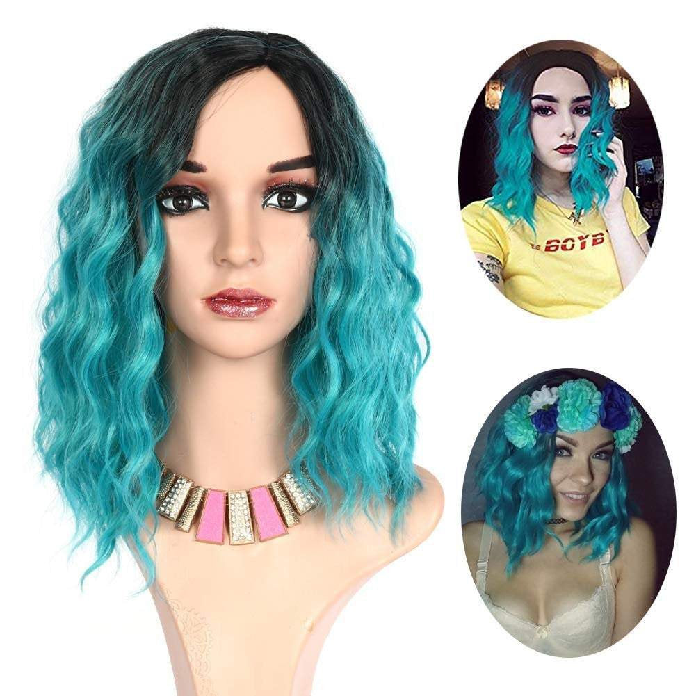 Aqua blue on black wavy ombre 14" | trendy wigs | synthetic top quality heat resistant fiber | human hair look and feel | best seller