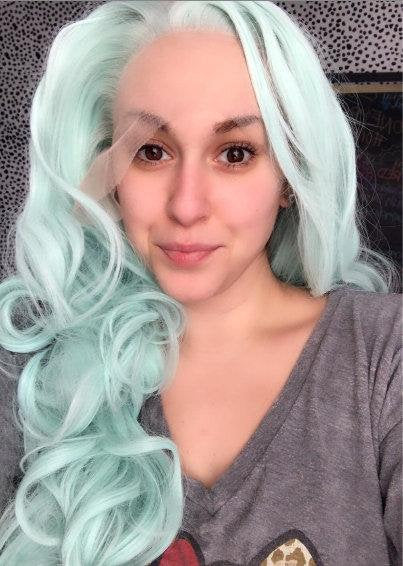 Trendy light green wig | unicorn princess mermaid wave | custom color lace front synthetic | human hair feel | drag queen | stage performer