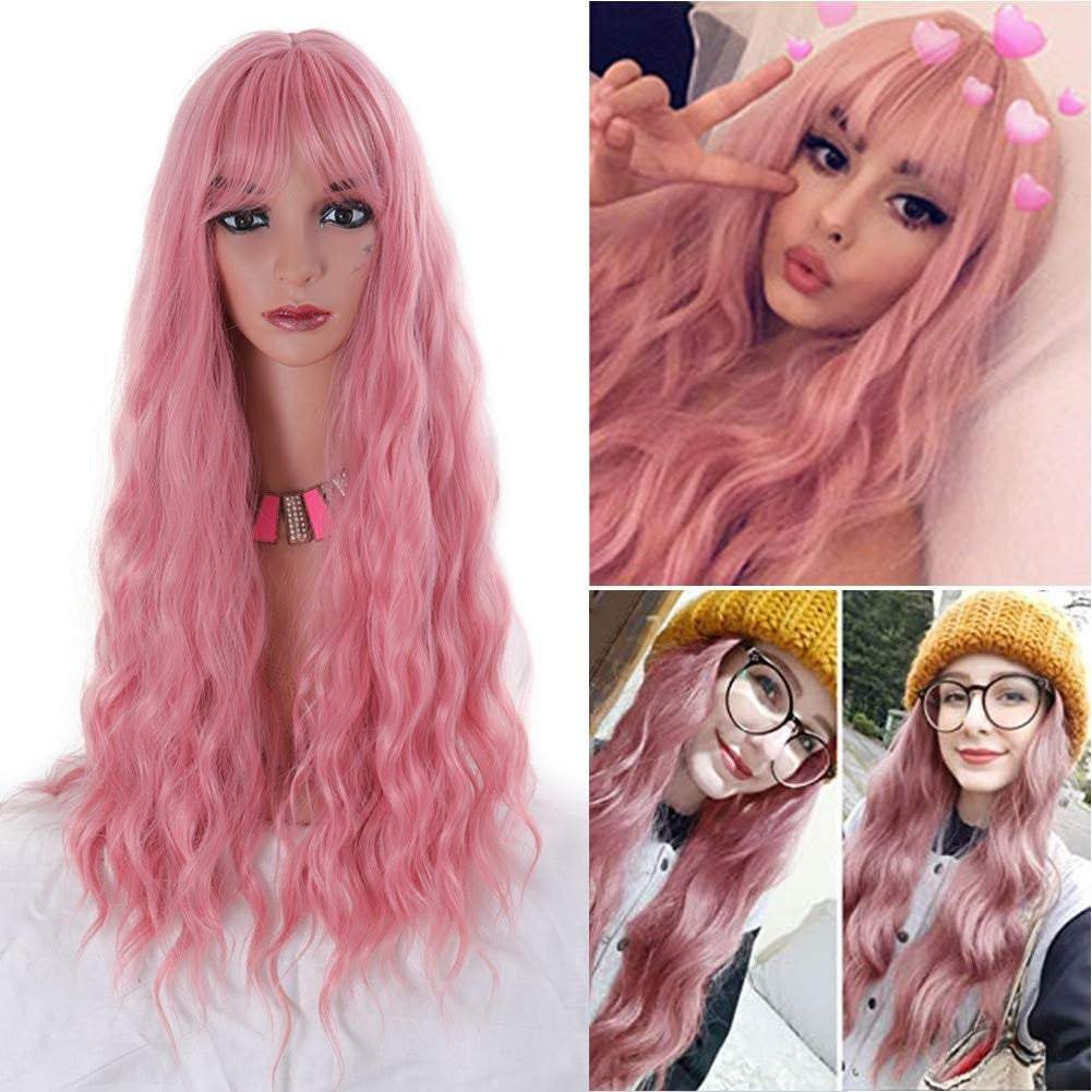 Gorgeous fashion goddess pink wig with bangs  | trendy wigs | synthetic top quality heat resistant fiber | human hair feel | free shipping