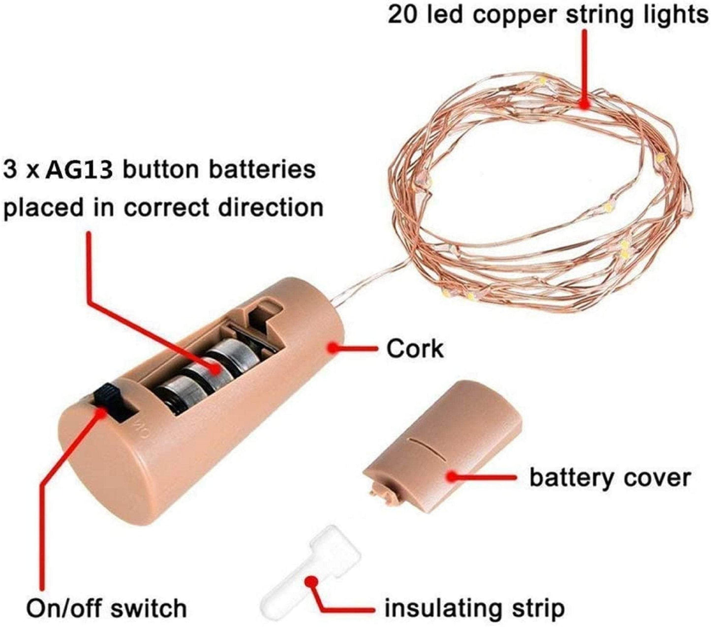 Led battery operated wine bottle cork lights (10) copper wire string fairy lights  diy, wedding, holiday, party décor multicolored no bottle