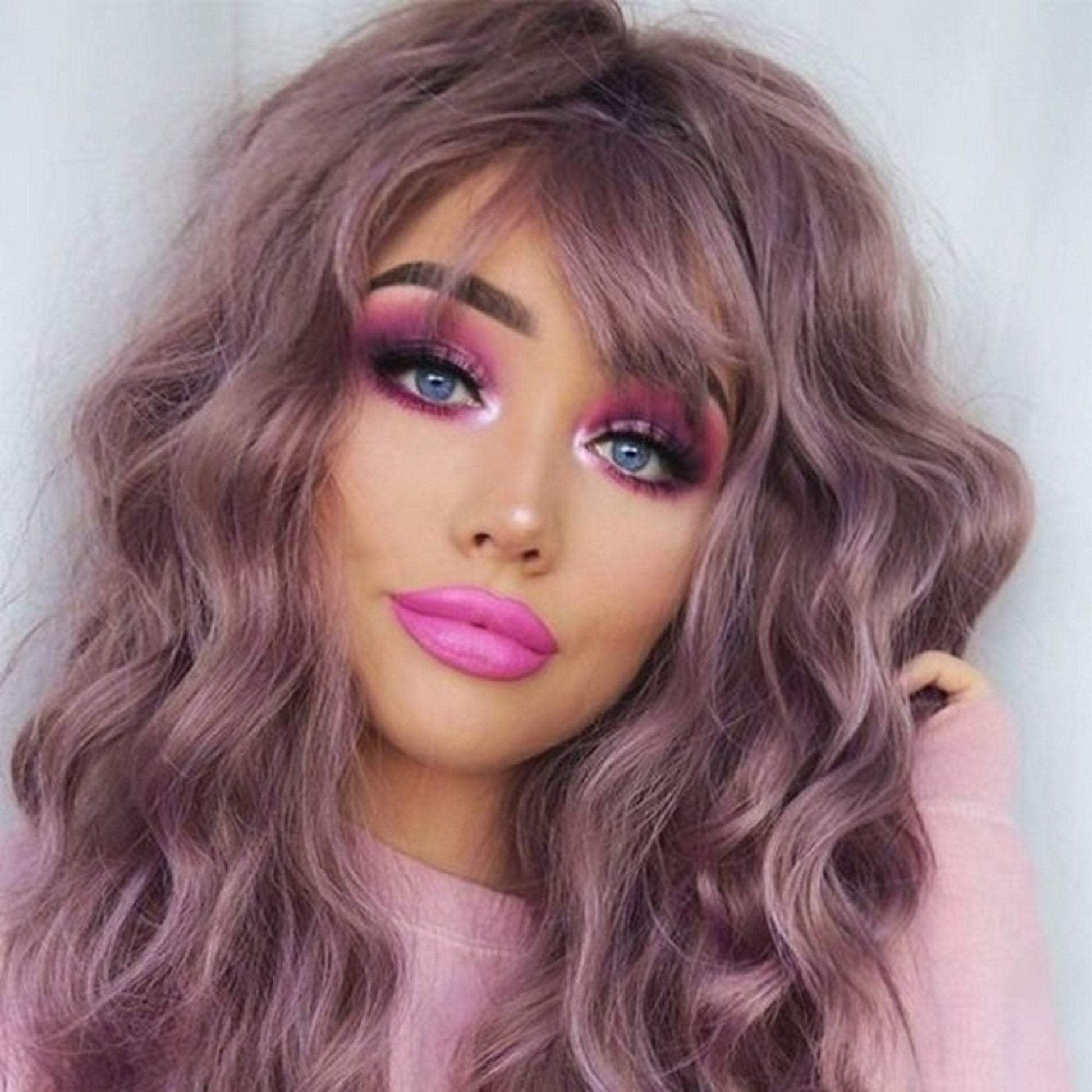 Dusty Mauve Purple Lavender Wavy 26" Wig with Air Bangs Best Quality Synthetic Fiber Human Hair Look and Feel Easy to Maintain No Shedding