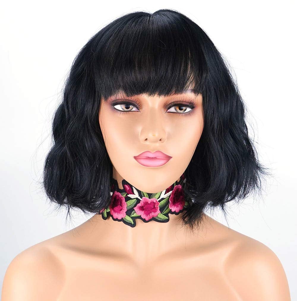 FLASH SALE! LIMITED Time and Stock Black Curly Wavy Bob Wig With Air Bangs Synthetic Heat Resistant Fiber Natural Black Human Hair Feel 10"