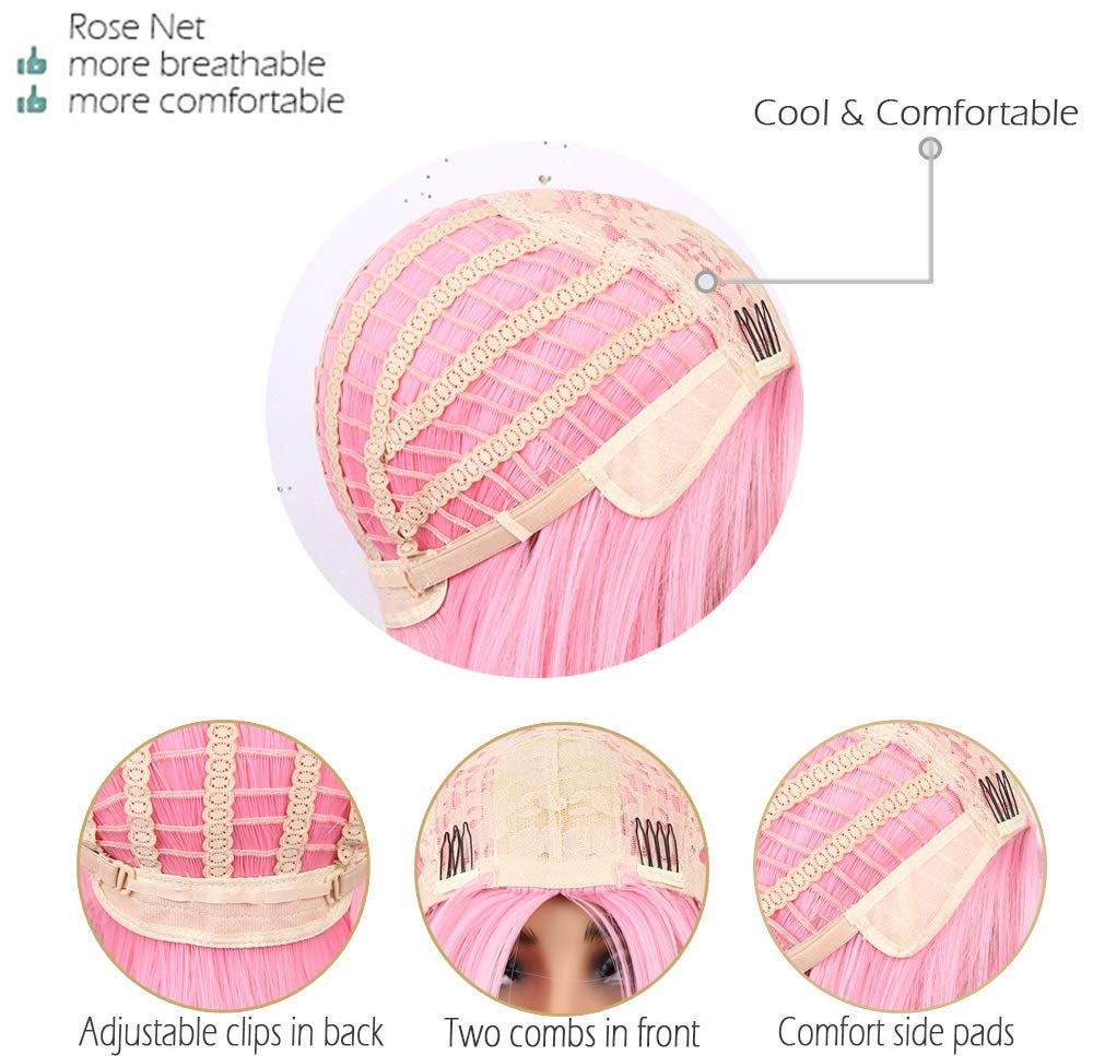 Pink bubble gum light pastel trendy looking wig with curtain air bangs heat friendly face framing synthetic bob with 12" blunt cut style