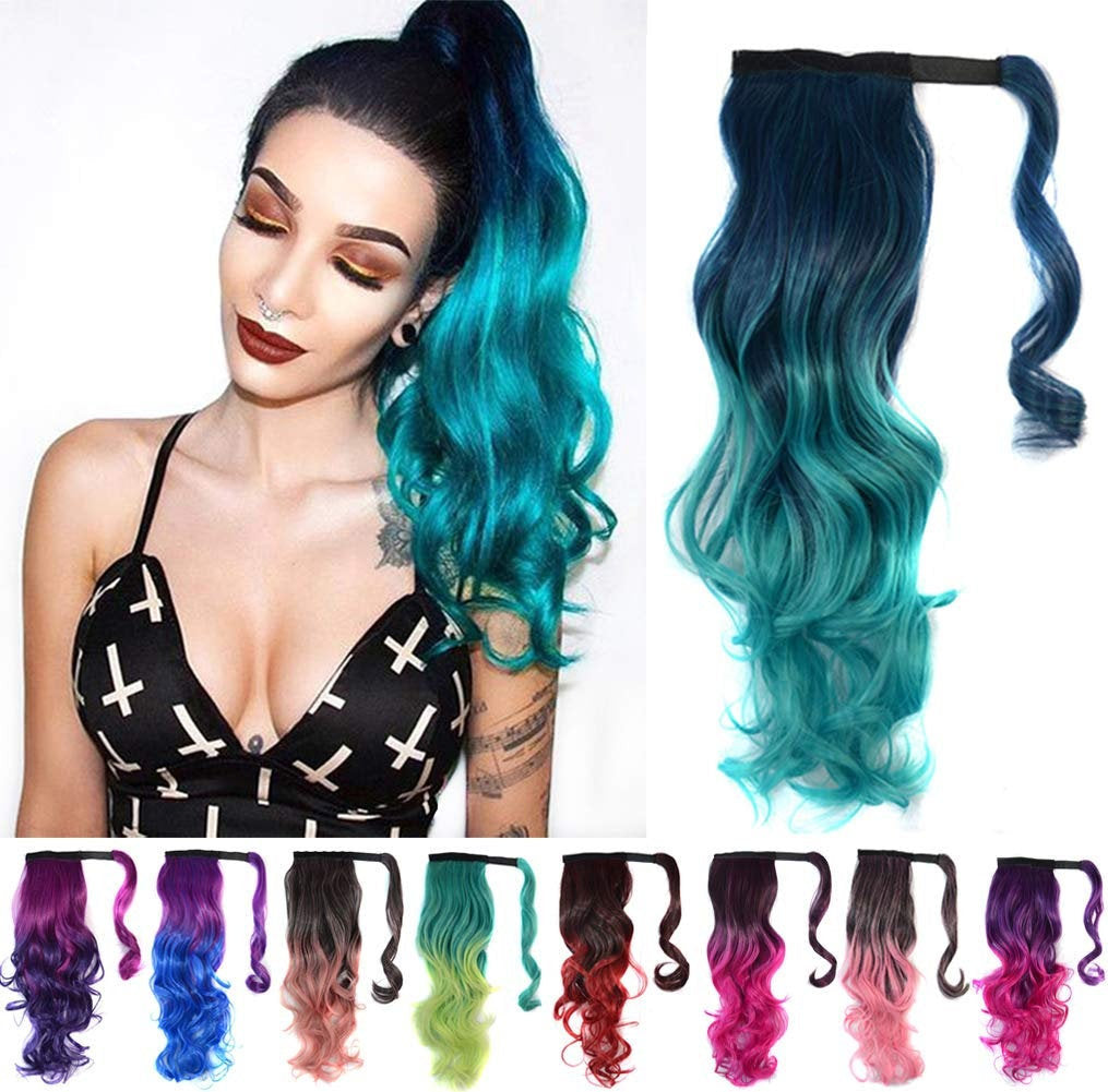 Colorful Ombre 2 Tone Cosplay Ponytail Hair Extension Body Wavy Fake One Piece Clip in Warp Around Magic Paste Pony Tail Choice of Colors