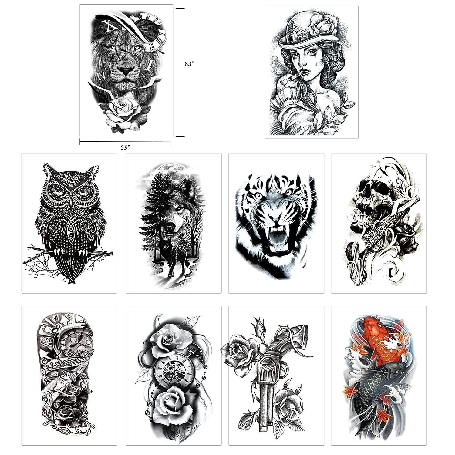 62 Sheets PREMIUM QUALITY Black Temporary Tattoos 10 Sheets Large Fake Body Arm Chest Shoulder Tattoos with 52 Sheets of Smaller Tattoo