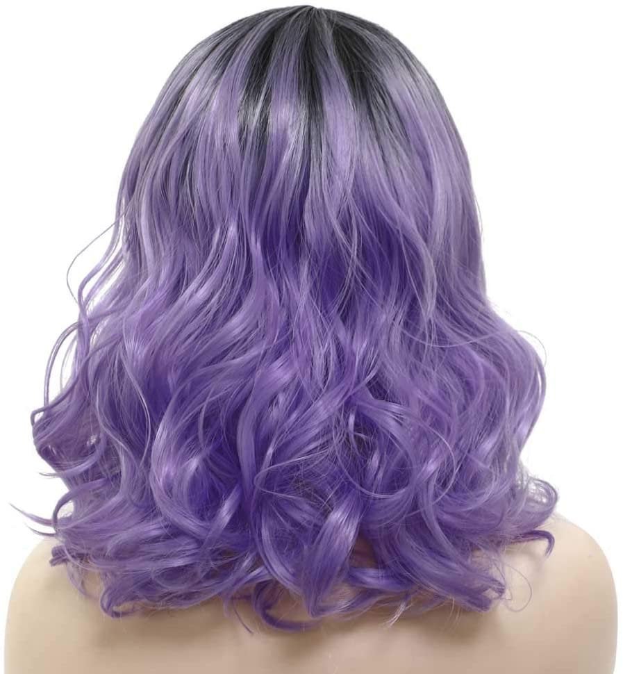 French girl style | black purple amethyst | human hair feel | ombre black to pastel purple natural wavy wig | swiss lace adjustable cap