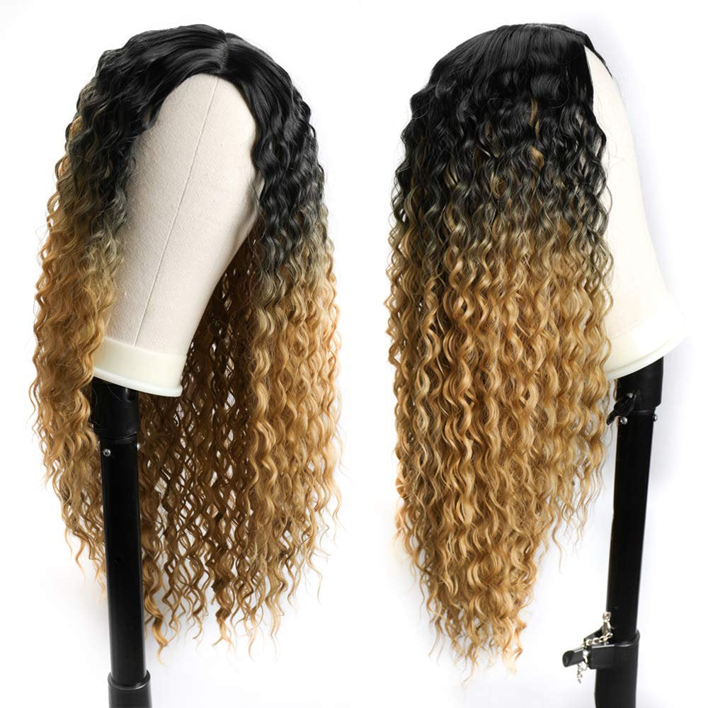 Long Curly Ombre Blonde 28 Inch Middle Part Synthetic Heat Resistant Hair Human Hair Look and Feel