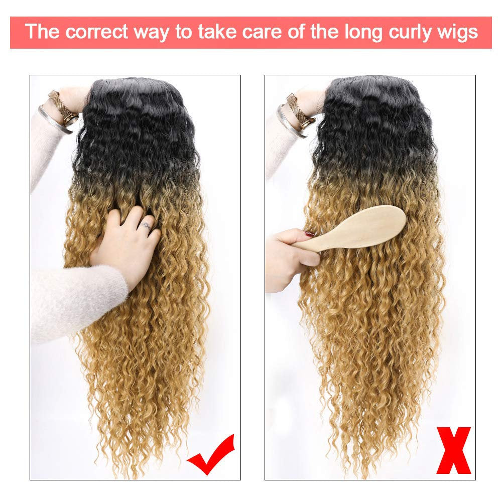 Long Curly Ombre Blonde 28 Inch Middle Part Synthetic Heat Resistant Hair Human Hair Look and Feel