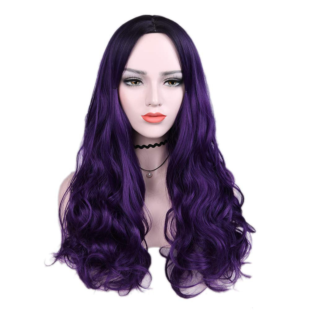 Black to Violet Purple Ombre Middle Parting Long Natural Curly Human Hair Look and Feel Heat Friendly Non Shedding Top Quality Synthetic Wig