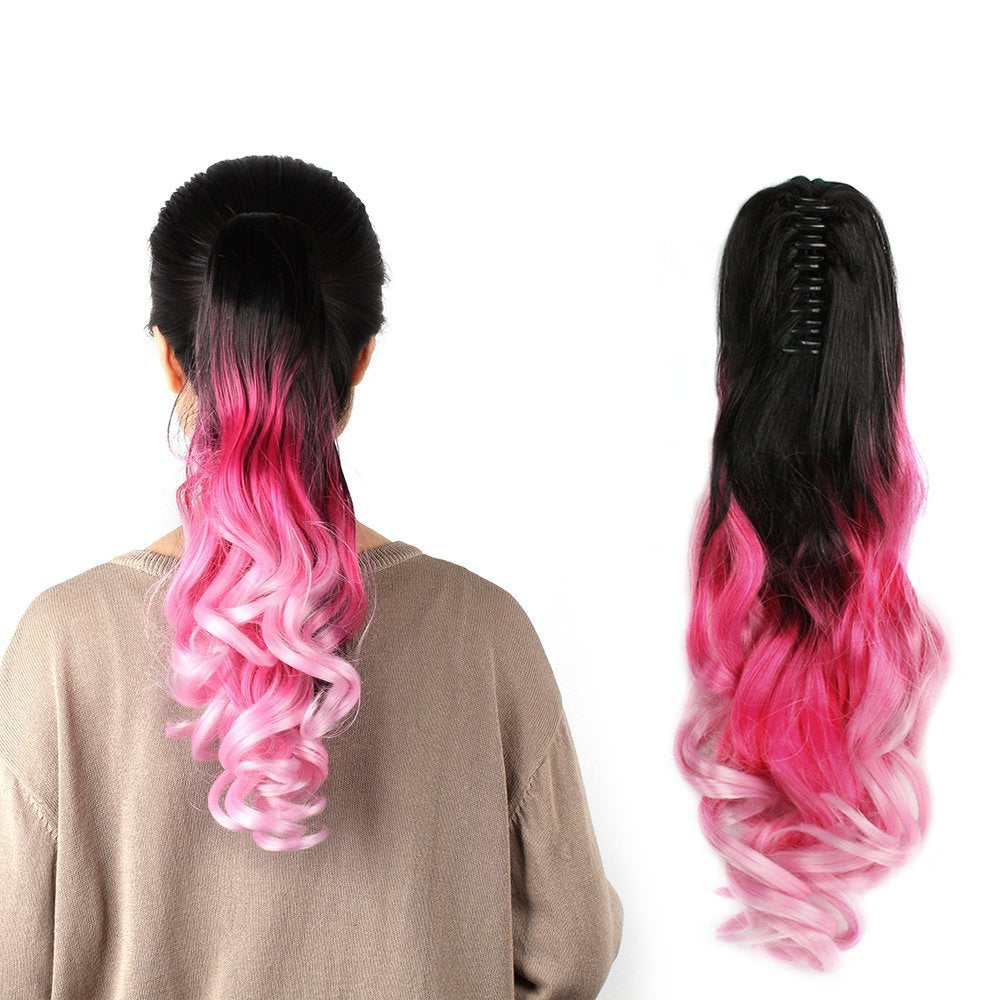 Three color synthetic curly ponytail human hair feel synthetic kinky curly hairpiece 22" claw clip
