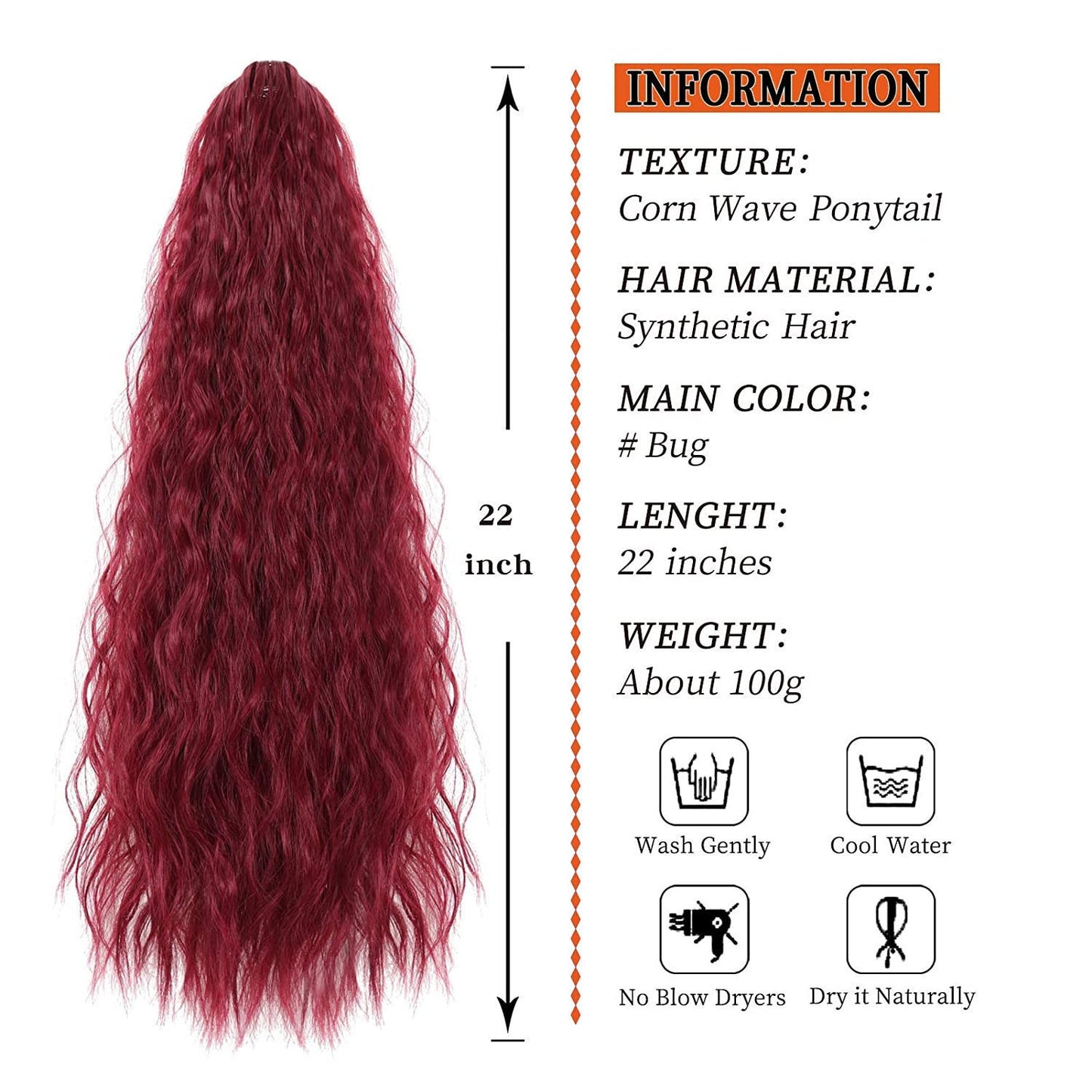 French girl style | 22 inch long water wave drawstring ponytail | synthetic fiber corn wave ponytail | curly wavy pony tail hair wrap (#bug)