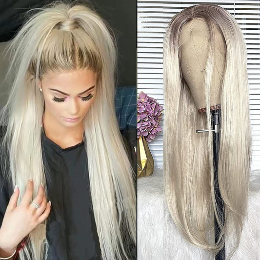 Gorgeous Ombre Blonde Synthetic Lace Front Heat Resistant Glueless Straight Synthetic Wig Pre Plucked with Baby Hair 22inch Lace Front Wig